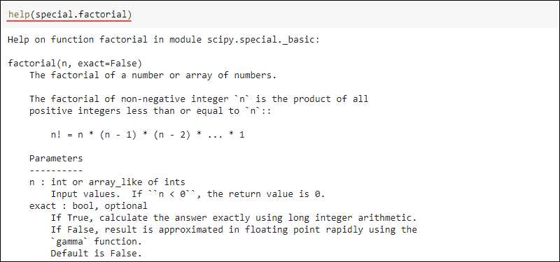 Output of the help command with parameter