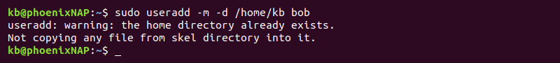 sudo useradd -m -d terminal output