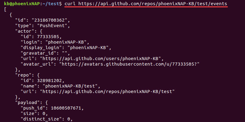 curl git events api response terminal output