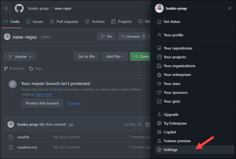 Entering the settings page in GitHub.