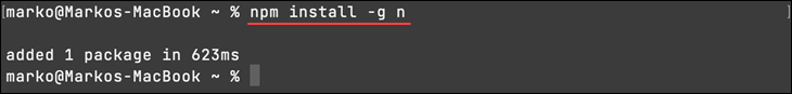 Installing the n version manager on macOS.