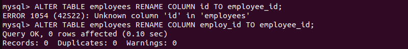 mysql ALTER TABLE RENAME COLUMN terminal output