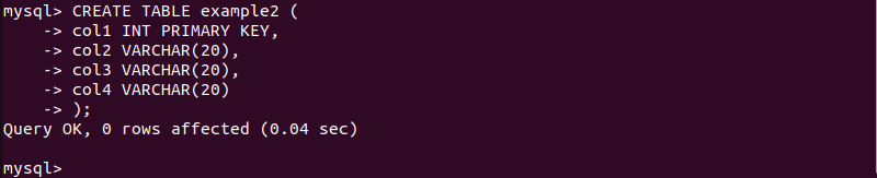 CREATE TABLE example2 terminal output