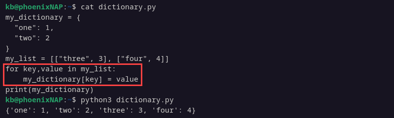 Python dictionary add item for loop output