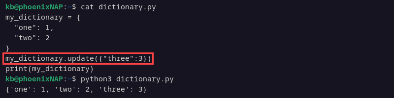 Python dictionary add item update output