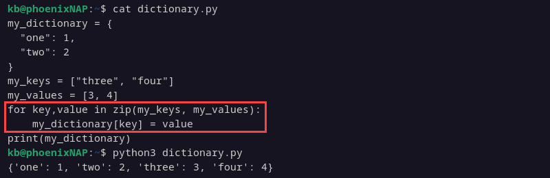 Python dictionary add item zip output