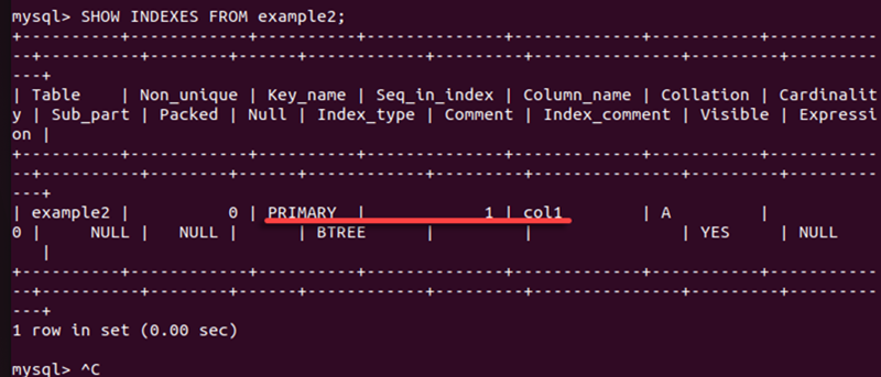 SHOW INDEXES FROM example2