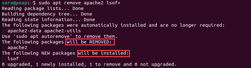 sudo apt remove apache2 lsof+ terminal output